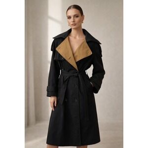 Banana Republic Patchwork Classic Twill Trench Coat Large Petite Black Tan Rare